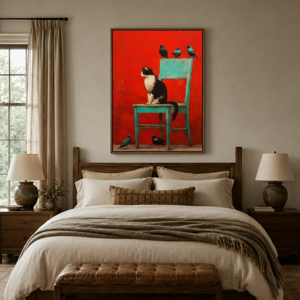 Crimson red cat and birds oil painting canvas above dark walnut bed in traditional bedroom