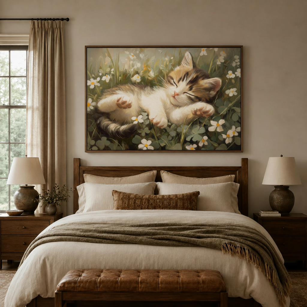Sleeping kitten floral canvas wall art styled above a warm wood bed.