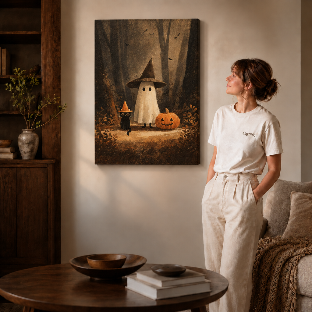 Ghost, black cat, and pumpkin canvas displayed in a softly lit contemporary living room.