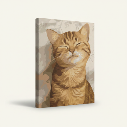 Gallery-wrapped smiling tabby cat canvas showing warm cream wrap edges on left and bottom, no frame