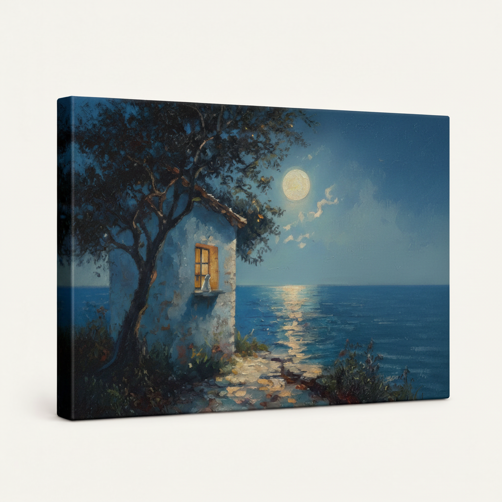 Gallery-wrapped moonlit coastal canvas wall art with painted wrap edges shown at angle