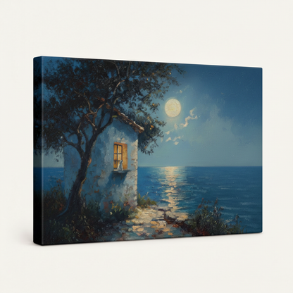 Gallery-wrapped moonlit coastal canvas wall art with painted wrap edges shown at angle