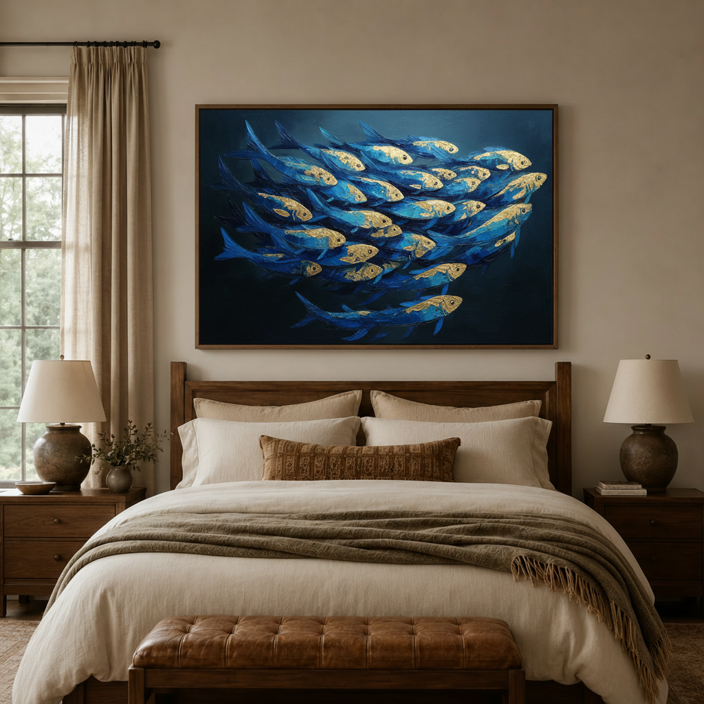 Framed blue gold fish canvas print hanging above bed in warm neutral bedroom decor
