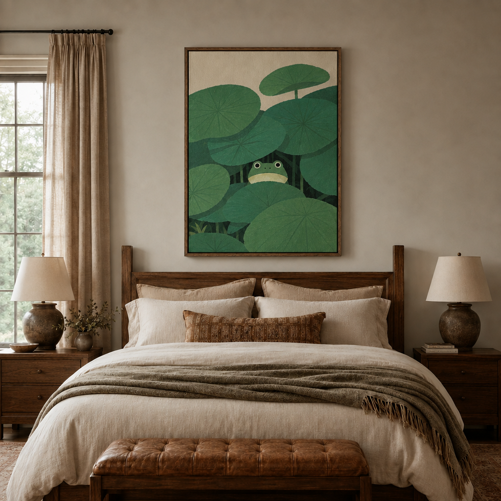 Minimalist frog under lotus leaves canvas in walnut float frame above cozy bedroom headboard