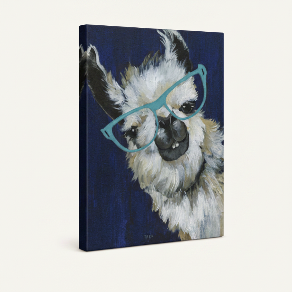 Gallery-wrapped funny llama glasses canvas with deep navy wrap edges extending naturally on left side