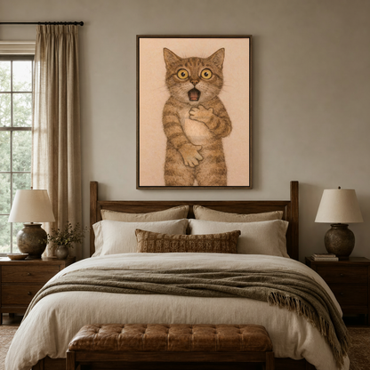 Surprised cat wall art in dark walnut float frame above bed in neutral bedroom setting