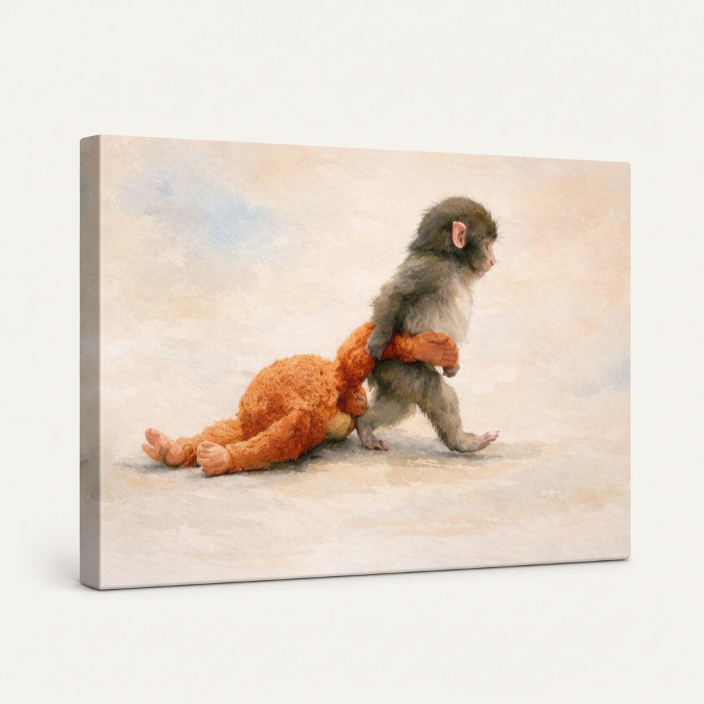 Gallery wrapped baby monkey pajamas classical canvas side view showing soft cream tones wrapping edges