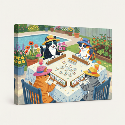 Gallery wrapped cats mahjong garden party cartoon canvas side view colorful garden tones wrapping edges
