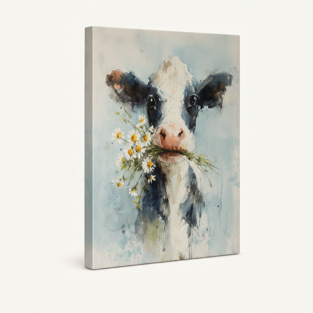 Gallery-wrapped watercolor cow canvas wall art, thick wrap edges visible, clean white background