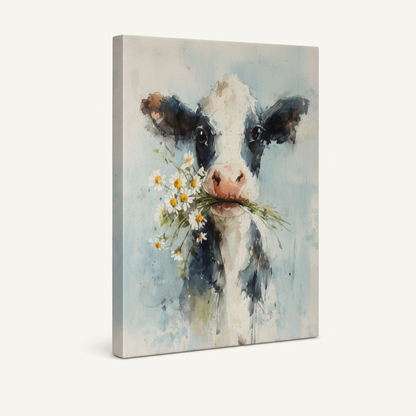 Gallery-wrapped watercolor cow canvas wall art, thick wrap edges visible, clean white background