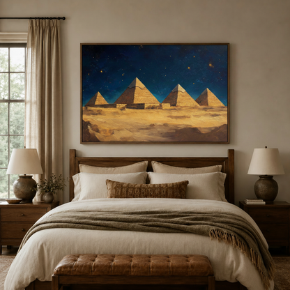 Painterly Egyptian pyramids wall art centered above bed in warm-toned bedroom with linen bedding