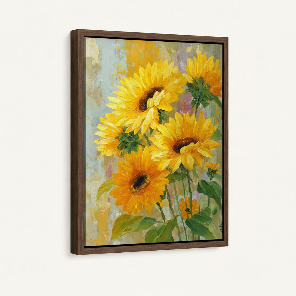 Five sunflowers impressionist canvas in dark walnut float frame, portrait orientation, 3/4 angle wall display