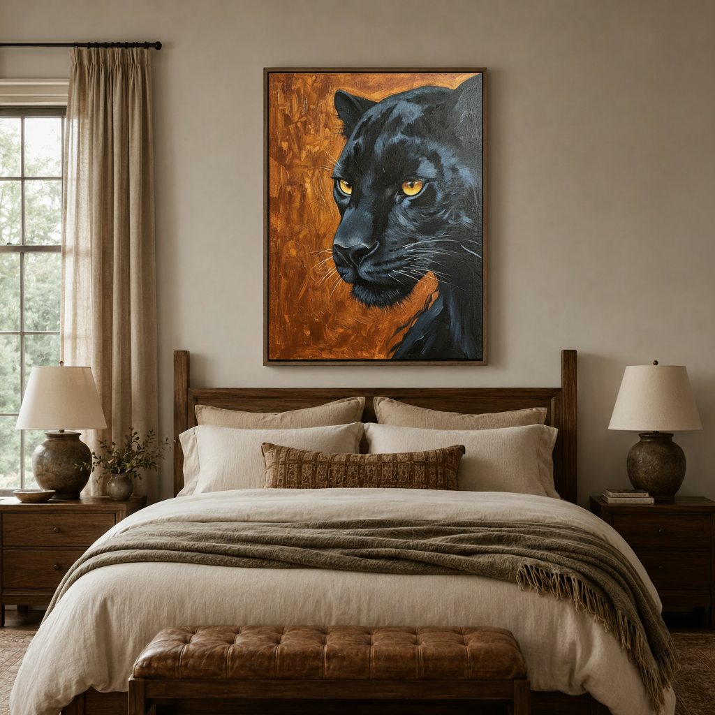 Dramatic black panther close-up oil painting canvas art in dark walnut frame above linen bed in cozy bedroom