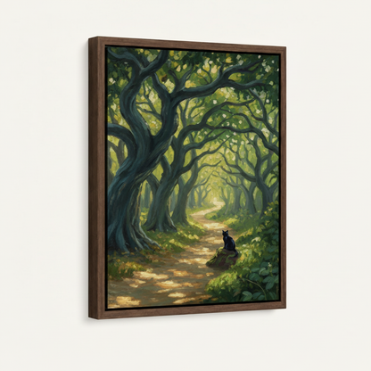 Black cat forest path canvas in dark walnut thick float frame, portrait orientation, 3/4 angle view