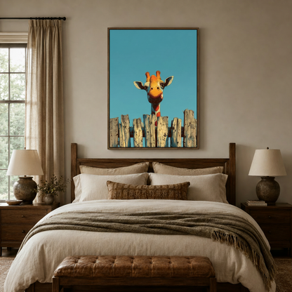 Vibrant giraffe wall art displayed above a bed in a neutral bedroom with warm ambient lighting