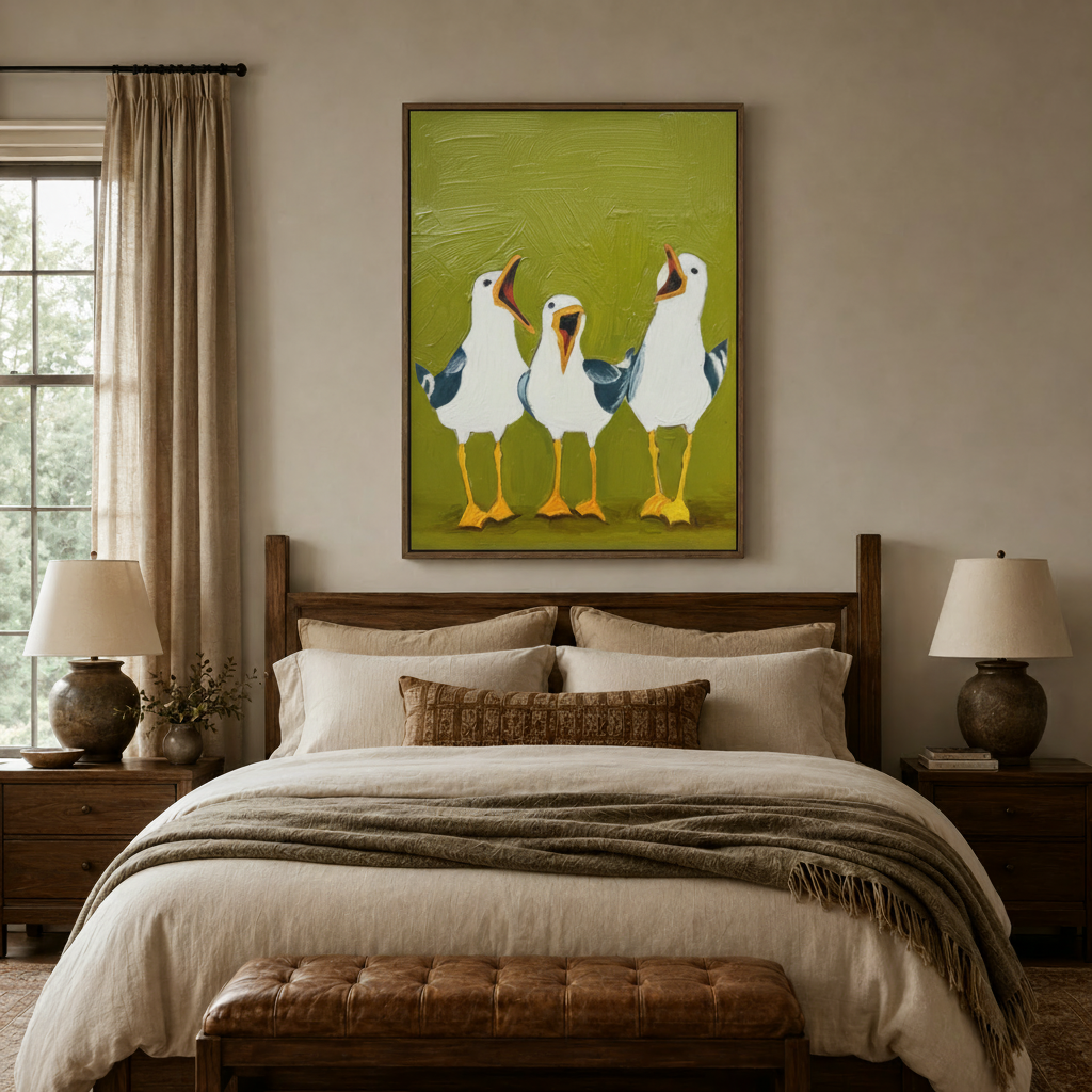 Whimsical seagull canvas wall art hung above bed in cozy farmhouse-style bedroom