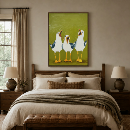 Whimsical seagull canvas wall art hung above bed in cozy farmhouse-style bedroom