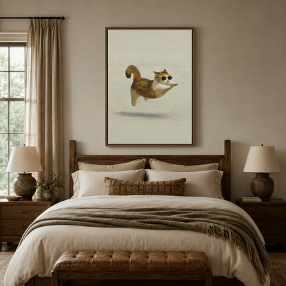 Funny cool cat canvas print in walnut float frame above a linen bed in a warm neutral bedroom