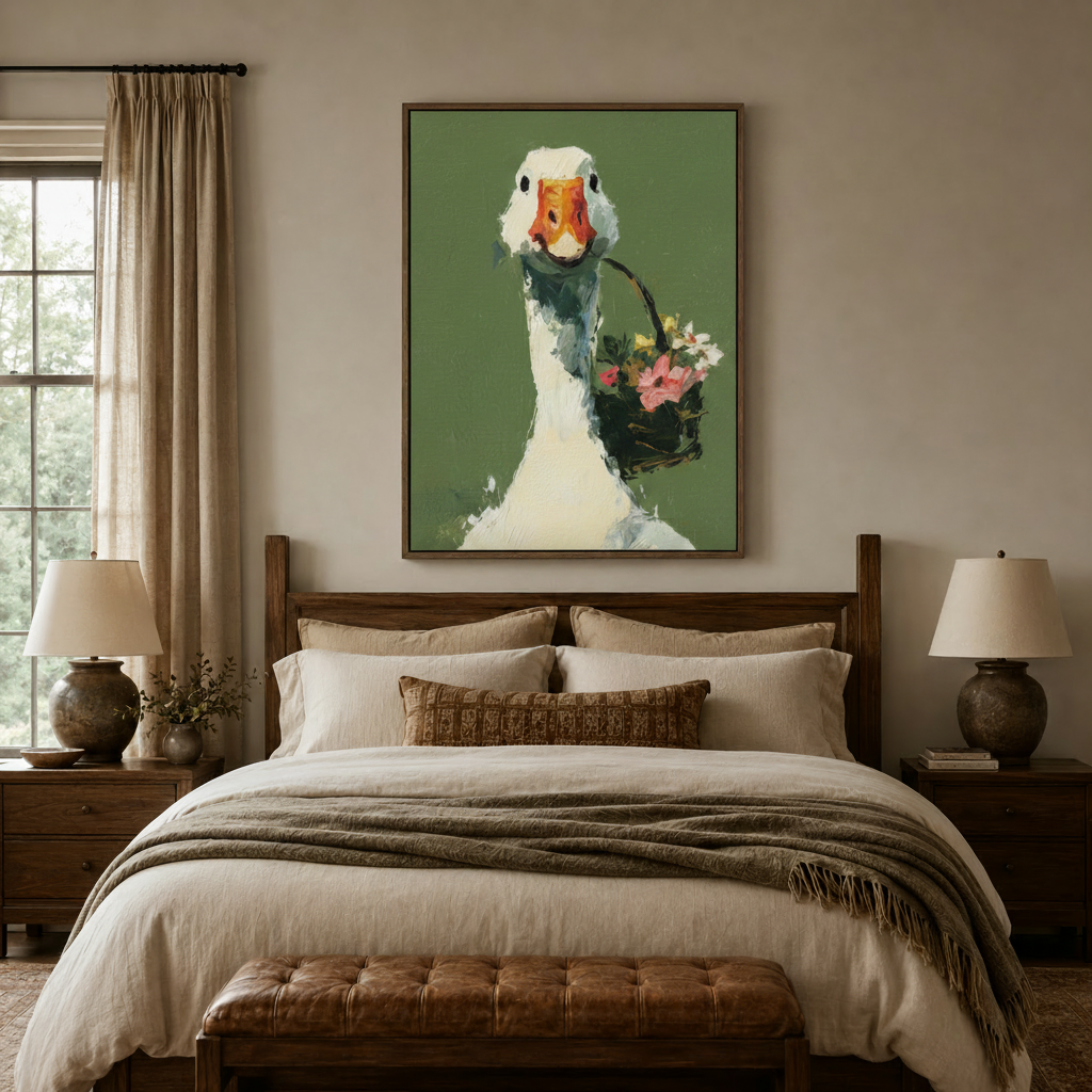 Goose flower basket canvas wall art centered above bed in cozy neutral bedroom setting