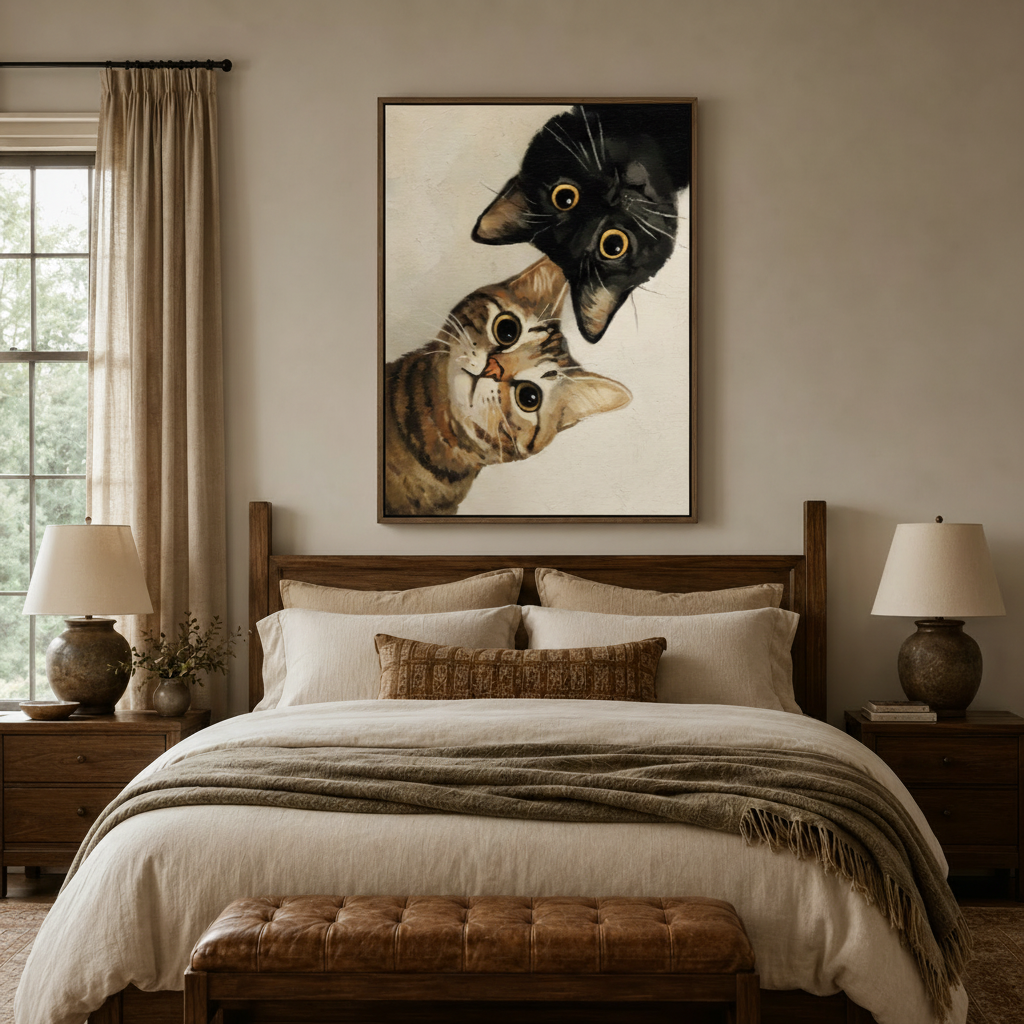 Curious cats oil painting canvas print displayed above wooden bed headboard in cozy farmhouse bedroom