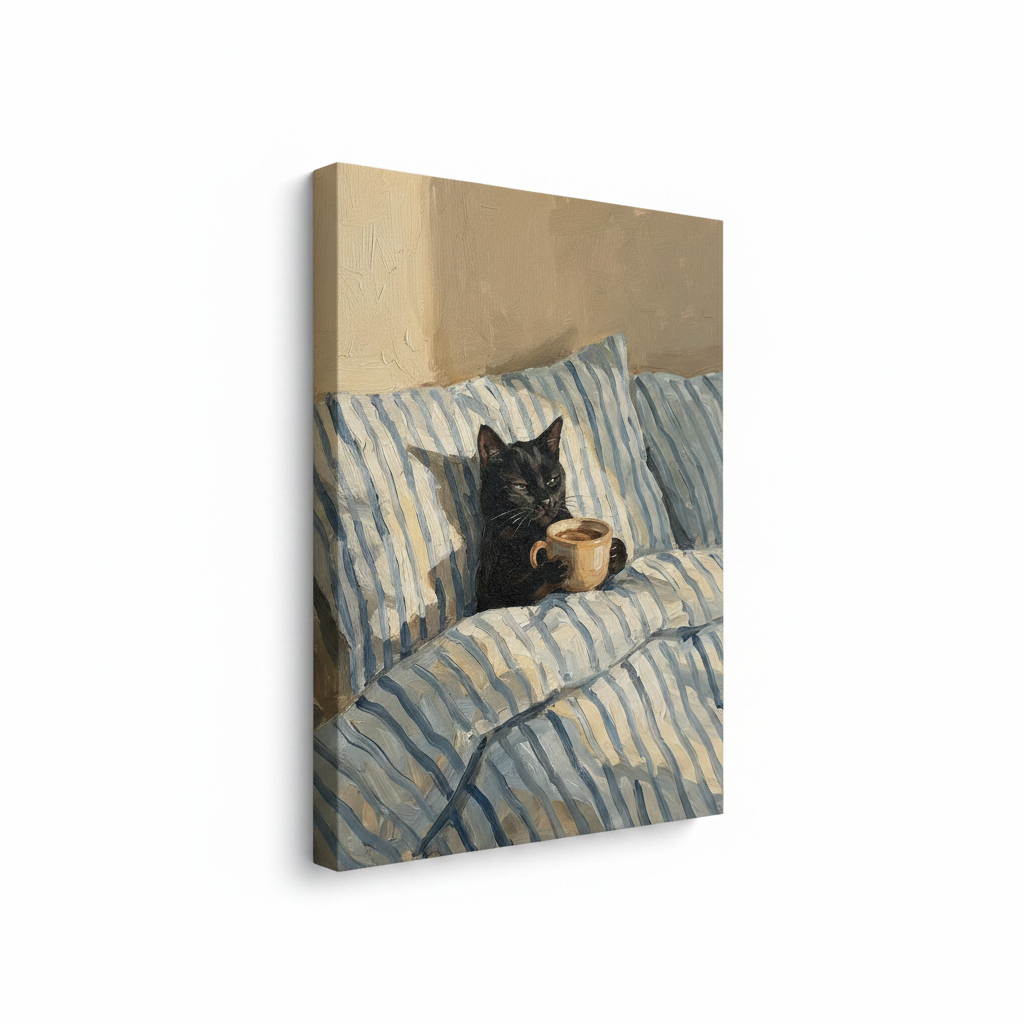 Gallery-wrapped black cat coffee cup canvas art shown at angle revealing side wrap and texture