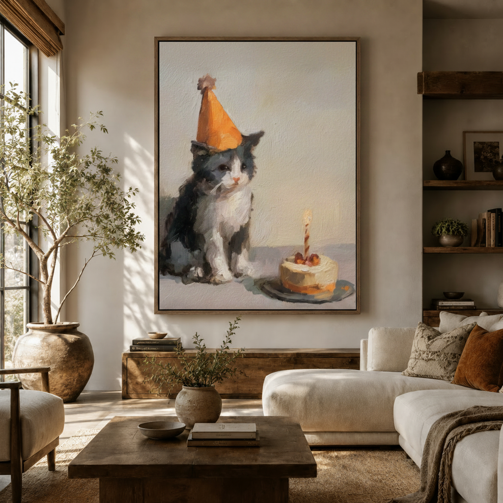 Birthday cat wall art in floater frame styled in a neutral living room with olive tree and cream sofa