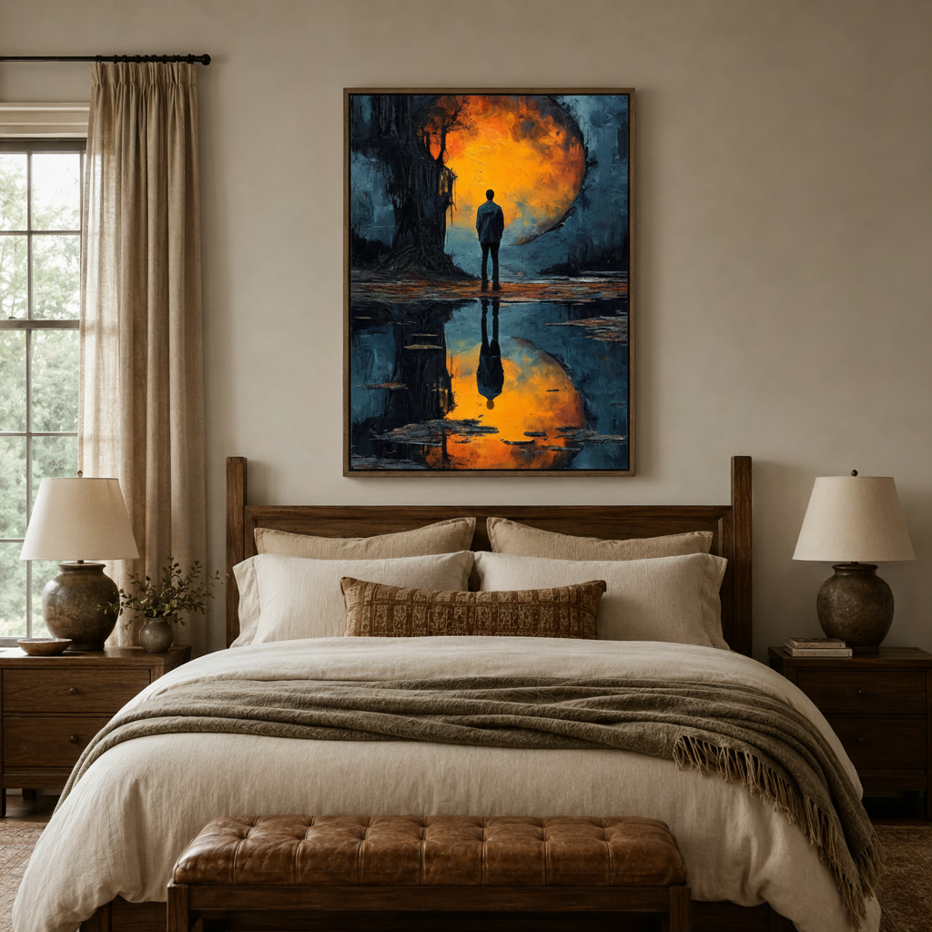 Surrealist figure with glowing reflection canvas print above wooden bed in warm farmhouse bedroom