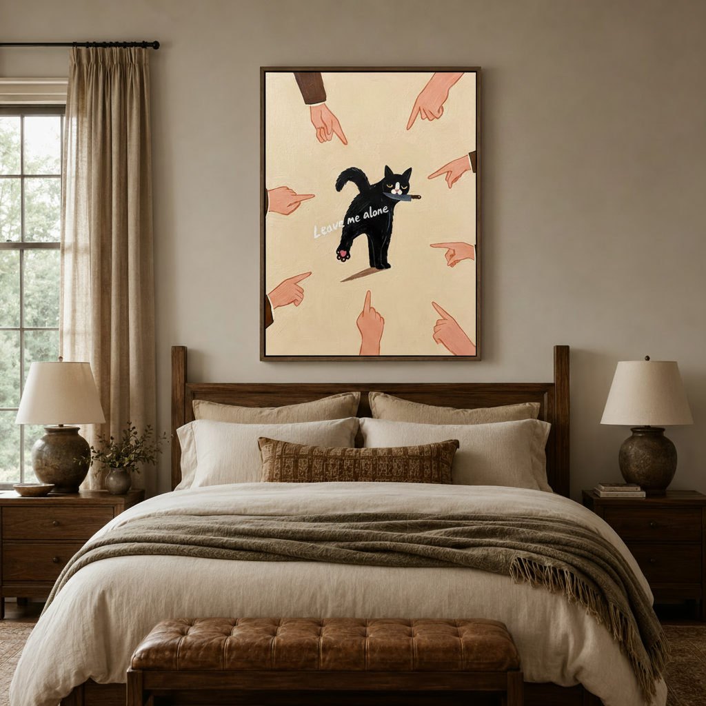 Leave me alone cat wall art framed canvas print above a rustic wooden headboard in a cozy bedroom