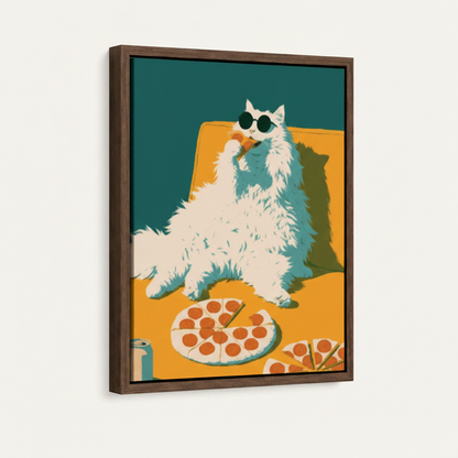  Framed retro pop art cat pizza canvas print in dark walnut float frame on white background