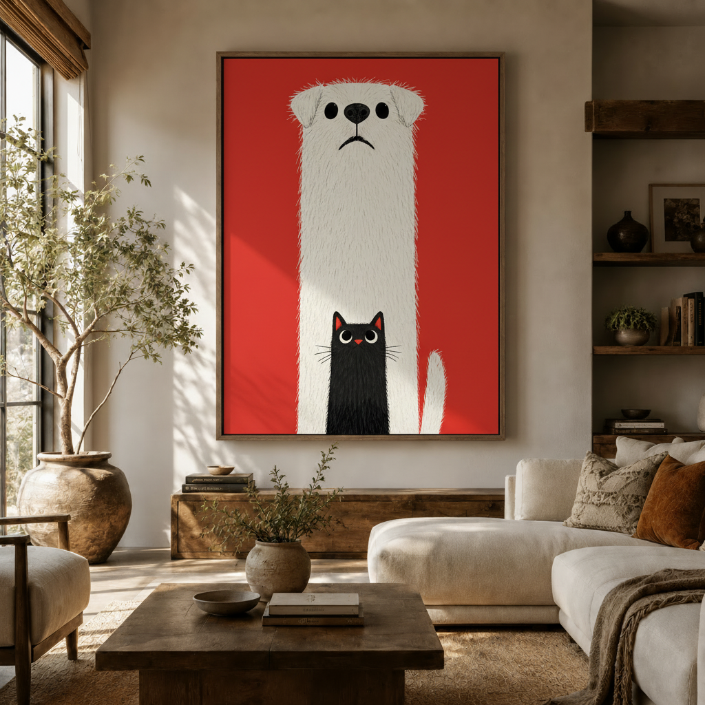Large minimalist dog and cat canvas print hung above white sofa in a warm neutral modern living room