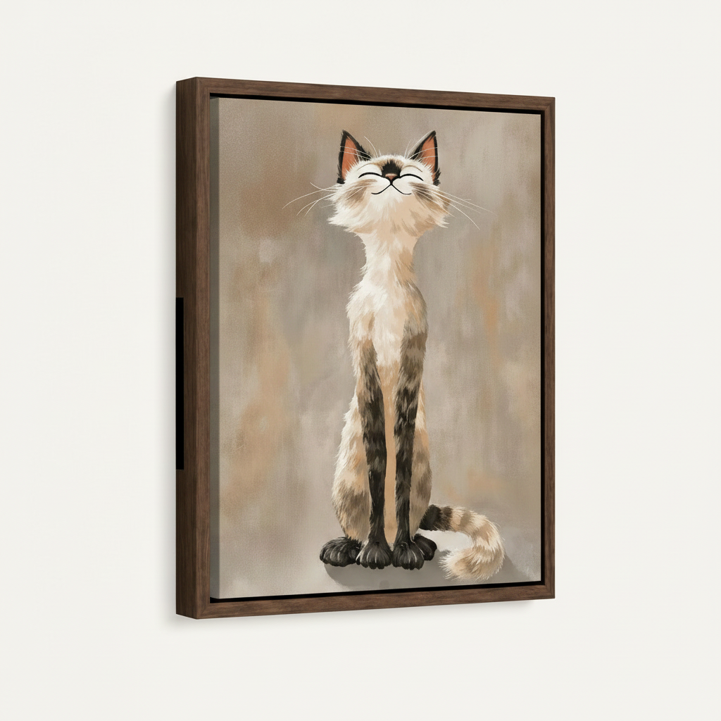 Framed Siamese cat wall art in dark walnut float frame, angled product view on white background