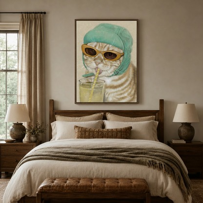 Funny cat with sunglasses canvas print above bed in a cozy warm-toned bedroom