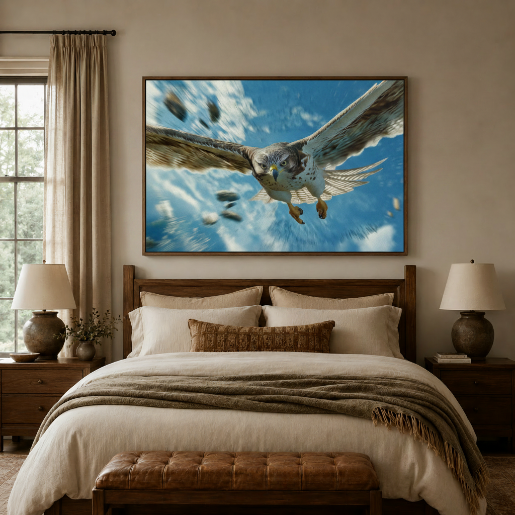 Framed falcon canvas wall art centered above a bed headboard in a warm bedroom setting