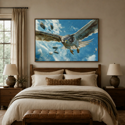 Framed falcon canvas wall art centered above a bed headboard in a warm bedroom setting