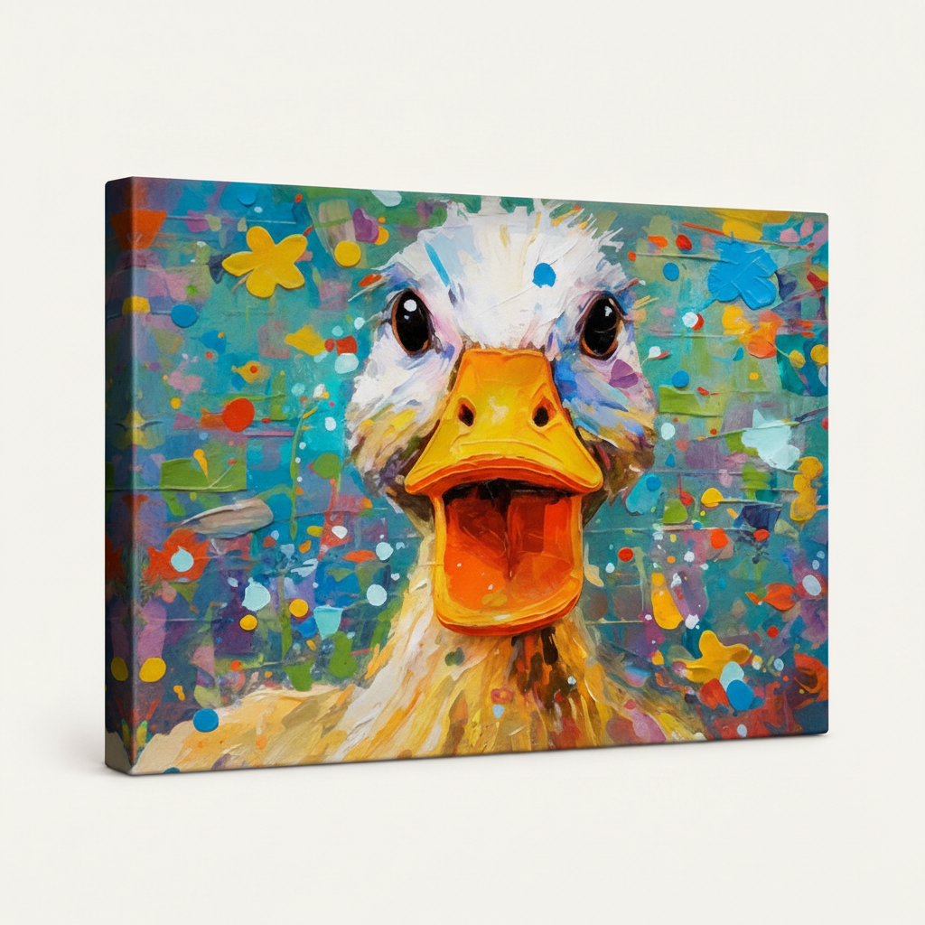 Gallery wrapped crazy duck impasto canvas side view vibrant teal colorful splatter tones wrapping edges
