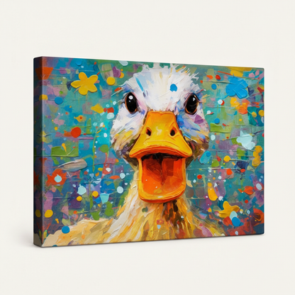 Gallery wrapped crazy duck impasto canvas side view vibrant teal colorful splatter tones wrapping edges