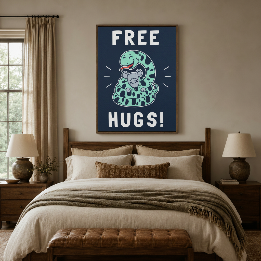 Funny animal canvas print above wooden bed in neutral bedroom interior decor setting