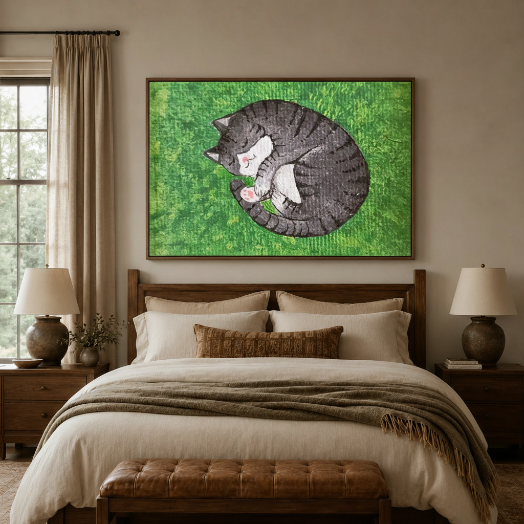 Sleeping gray tabby canvas wall art displayed above a cozy neutral bedroom