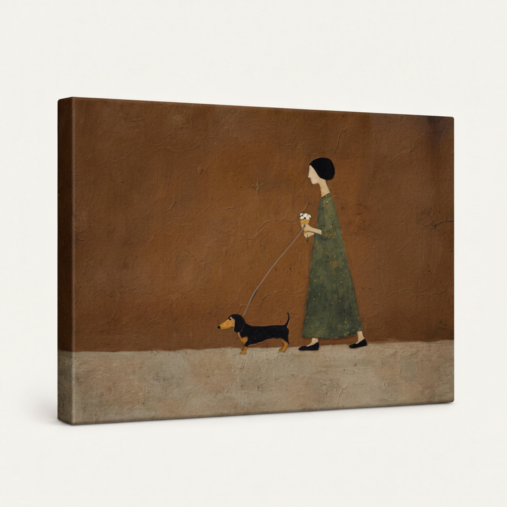 Gallery wrapped woman and dog folk art canvas side view showing dark wrap edges no frame