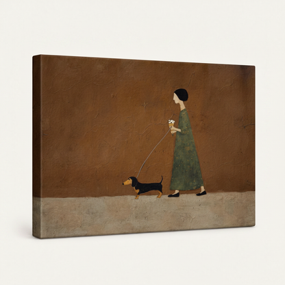 Gallery wrapped woman and dog folk art canvas side view showing dark wrap edges no frame