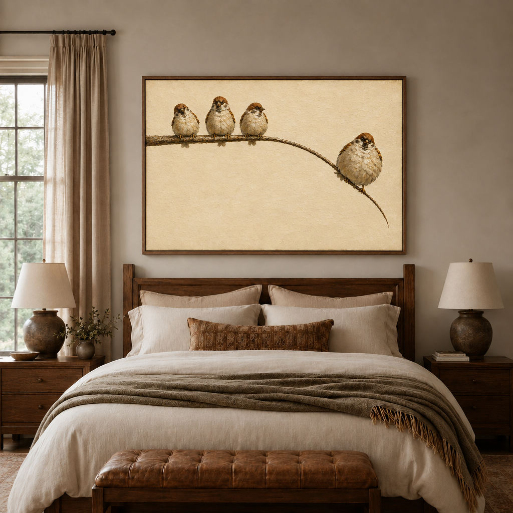 Four sparrows canvas art styled above a cozy wooden bedroom set