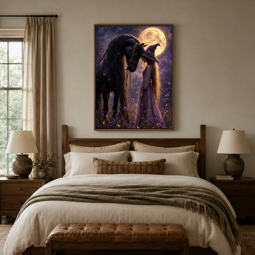 Dark fantasy witch and Friesian horse moonlit canvas art above dark walnut bed frame in farmhouse bedroom