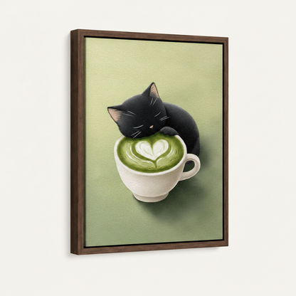 Framed whimsical canvas art black cat matcha latte dark walnut floating frame angled view