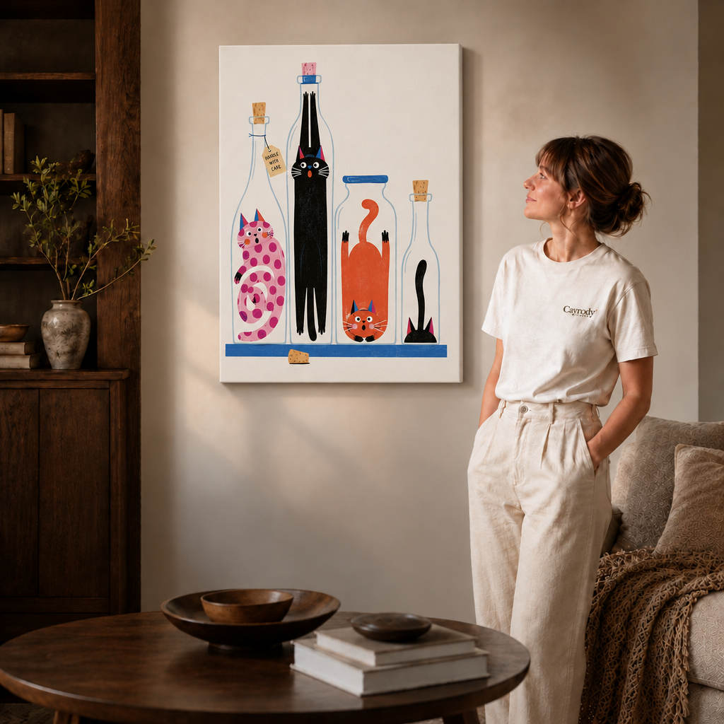 Gallery-wrapped cats in bottles canvas wall art in a bright minimalist living space.