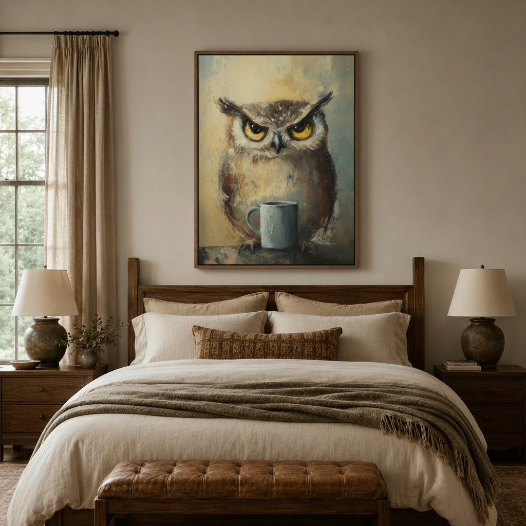 Owl coffee painting in walnut frame above bed, humorous bird canvas art for cozy bedroom wall