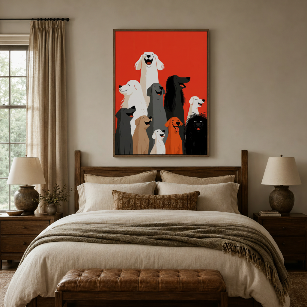 Colorful flat graphic dog canvas wall art above bed in neutral linen bedroom