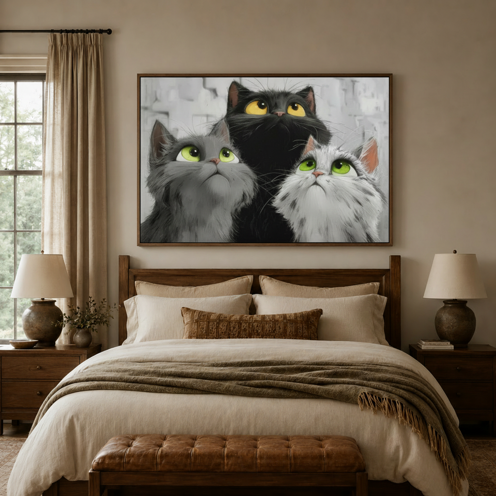 Painterly three cats canvas in floater frame above a neutral-toned bedroom headboard