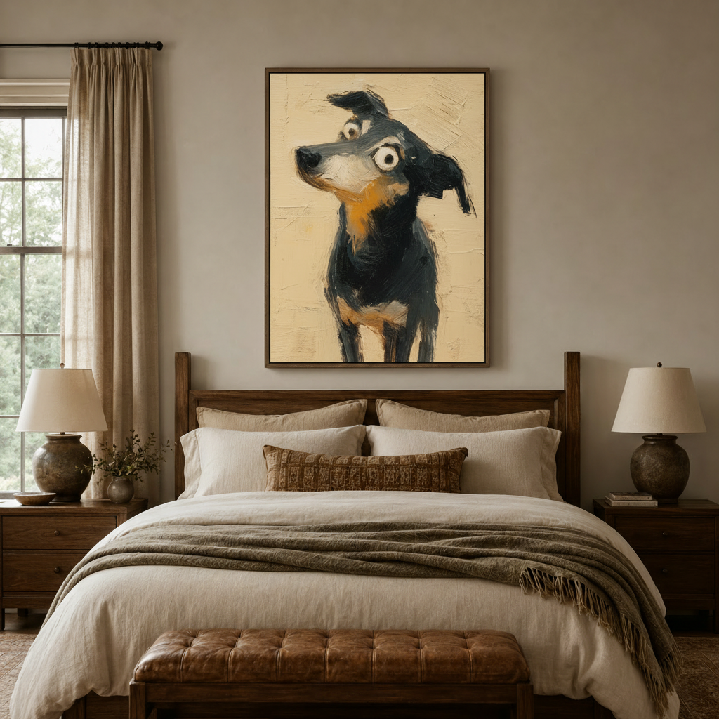 Funny dog canvas wall art with googly eyes above a linen bed in a cozy neutral bedroom