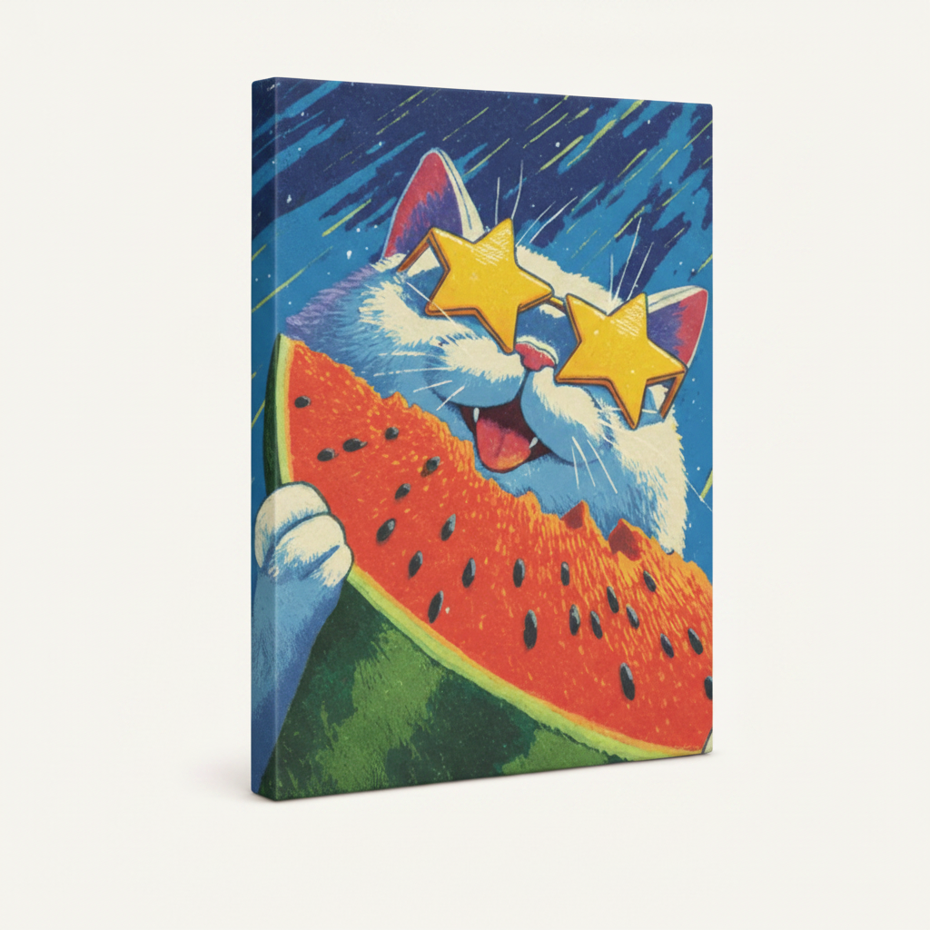 Gallery-wrapped cat star sunglasses watermelon illustration canvas showing deep blue wrap edge, no frame
