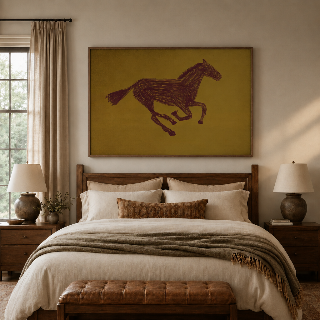 Expressive horse line art in a framed canvas above a wooden bed with warm lamps in a cozy neutral bedroom